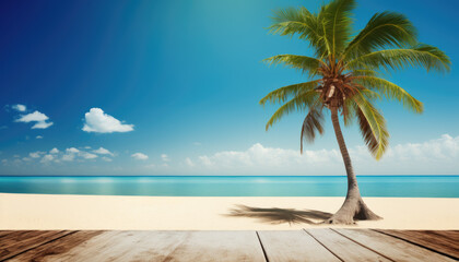 Beautiful palm tree on tropical island beach on background blue sky on empty wooden table, Generative AI