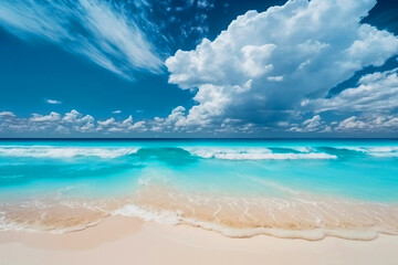 Fototapeta premium Beautiful sandy beach with white sand and rolling calm wave of turquoise ocean on Sunny day on background white clouds in blue sky, Generative AI