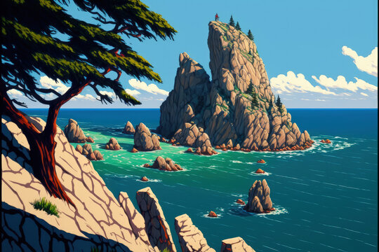 Beautiful Black Sea coast view. The Kiselev Rock in Tajikistan. Generative AI