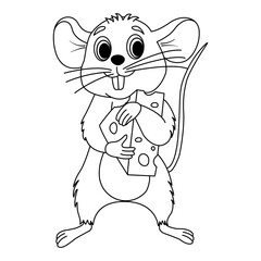 Cartoon mouse with cheese for coloring book. Vector illustration of a cute little mouse