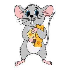 Cartoon mouse with a piece of cheese. Vector illustration of a cute little mouse