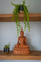 Buddha wooden statue on a shelf with green hanging plant 