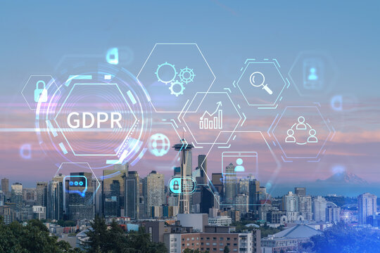 Seattle skyline panorama from Kerry Park. Skyscrapers of financial downtown at sunset, Washington, USA. GDPR hologram, concept of data protection regulation and privacy for all individuals - Powered by Adobe