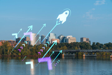 Panoramic view, Washington towards Arlington financial downtown, city skyline over Potomac River....