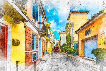 Colorful street view in Plaka District of Athens. © nejdetduzen