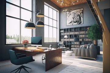 Obraz premium interior of a modern office with big windows and indoor greenery generative ai