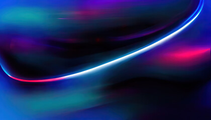 Fototapeta premium Defocused glow neon background. Futuristic illumination. Blur fluorescent blue pink color light flare curve lines flecks on dark black abstract art illustration.