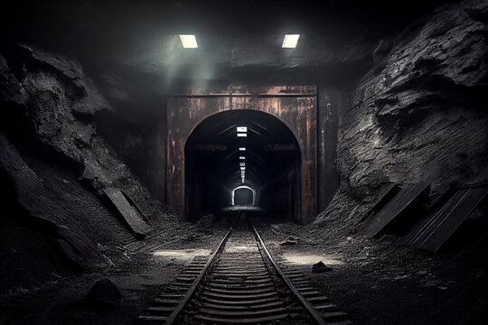 A large underground tunnel with a railway, tram, tram tracks, abandoned, old without people, gloomy view of the dungeon. Generative AI