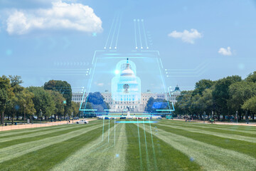 Capitol dome building exterior, Washington DC, USA. Home of Congress and Capitol Hill. American political system. The concept of cyber security to protect confidential information, padlock hologram