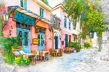 Fototapeta premium Colorful street view in Plaka District of Athens.