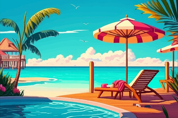 Fototapeta na wymiar Beautiful tropical beach and sea with umbrella and chair around swimming pool in hotel resort for travel and vacation. Generative AI