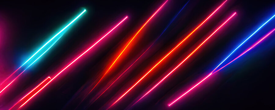 Laser rays. Neon light. Futuristic illumination. Blur bright fluorescent blue red pink color glowing lines trail on dark black illustration abstract background.