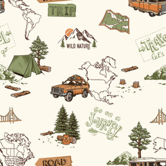 Road trip, wild nature seamless pattern