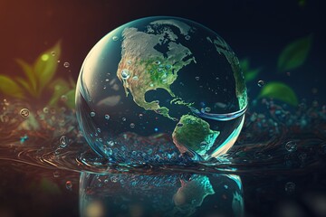 Obraz na płótnie Canvas Earth Day concept illustration , Earth globe with beautiful nature , blooming plant and clean water, Generative Ai