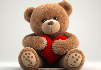 Obraz premium Teddy bear holds a red heart in his paws, front view. Generative AI