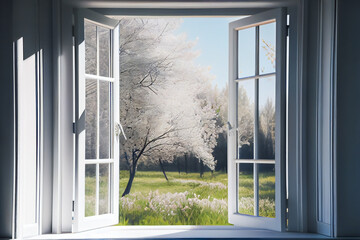  Window with  landscape view.  Open window to the garden. Generative AI.