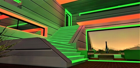 Green glowing stairs up to the balcony. Stylish illumination of the relax zone. Reflection of sunset in mirrored window. 3d rendering.