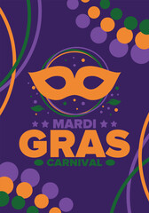 Mardi Gras Carnival in New Orleans. Fat Tuesday. Traditional holiday, celebration annual. Folk festival, costume masquerade, fun party. Carnival mask. Poster, card, banner and background. Vector