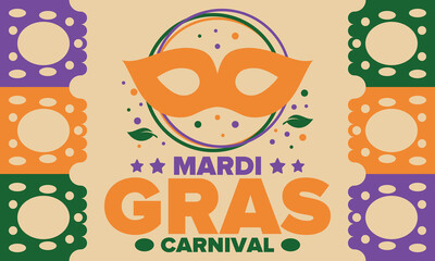 Mardi Gras Carnival in New Orleans. Fat Tuesday. Traditional holiday, celebration annual. Folk festival, costume masquerade, fun party. Carnival mask. Poster, card, banner and background. Vector