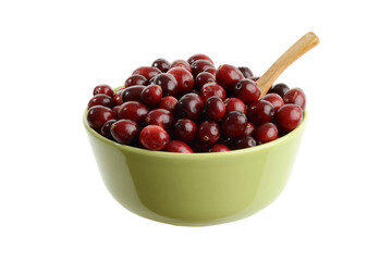 isolated bowl of cranberries with wood spoon on a white background