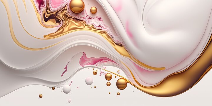  Liquid marble texture background design. White, pink, and gold colors. Generative AI technology.