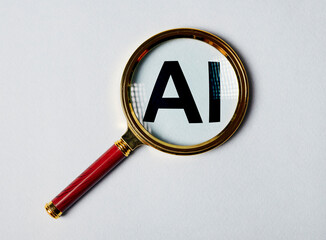 AI artificial intelligence research, study through magnifying glass, lens, magnifier