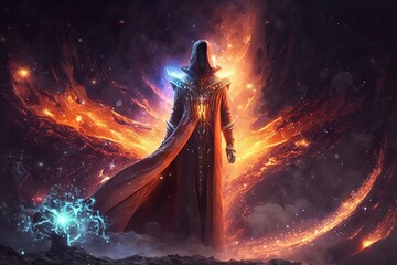 fantasy fiction character design, a man wearing purple cloak with powerful energy emerge around, flame wing,  Generative Ai