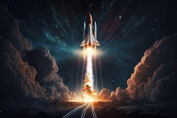 space shuttle launching explosion with smoke and flame to blue sky, Generative Ai - obrazy, fototapety, plakaty