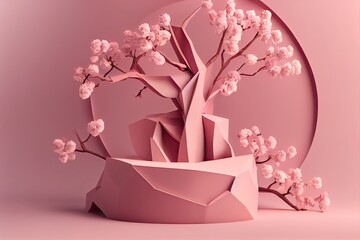 Pink Podium Background Display, Sakura Flower Illustration Generative AI
