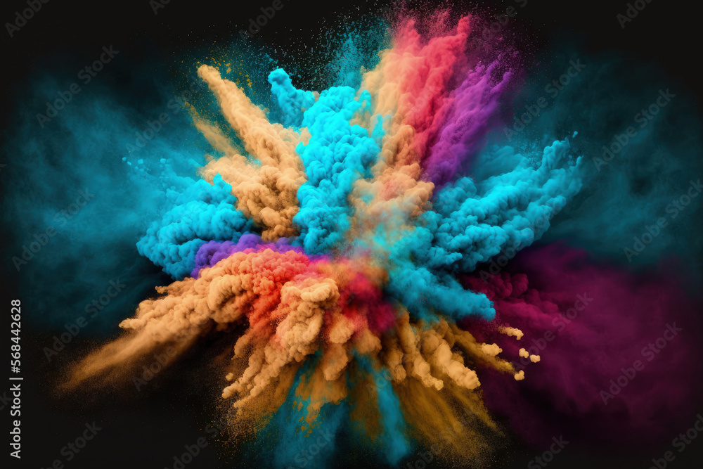 Poster powder explosion with color. abstract close up of background with dust. vibrant explodes holi paints
