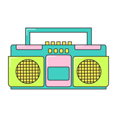 Retro music 90s radio and tape cassette player funky colorful design. Colorful vector sticker isolated on white background.