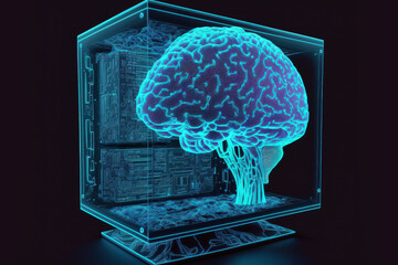 Double exposure shows a desktop computer drawing a hologram of the brain. Concept of artificial intelligence. Generative AI