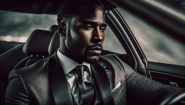 Successful black man in a business suit sitting in luxurious leather car interior generative ai