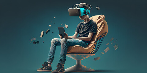 young man sitting on chair wearing a VR headset, concept art of digital addiction, simulation, generative ai illustration	