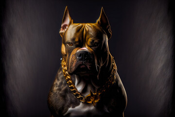 American Bully dog with gold chain on black background.  Generative AI. - obrazy, fototapety, plakaty