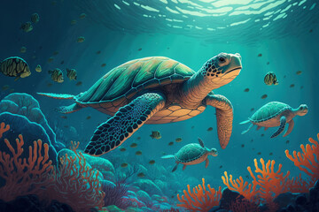 Fototapeta na wymiar Sea turtles swim subaquatally. turtles of the deep. underwater scene with sea turtles. closeup of a sea turtle underwater. Generative AI