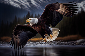 Fototapeta premium Bald Eagle Mid-Air Flight Moment. Generative AI.