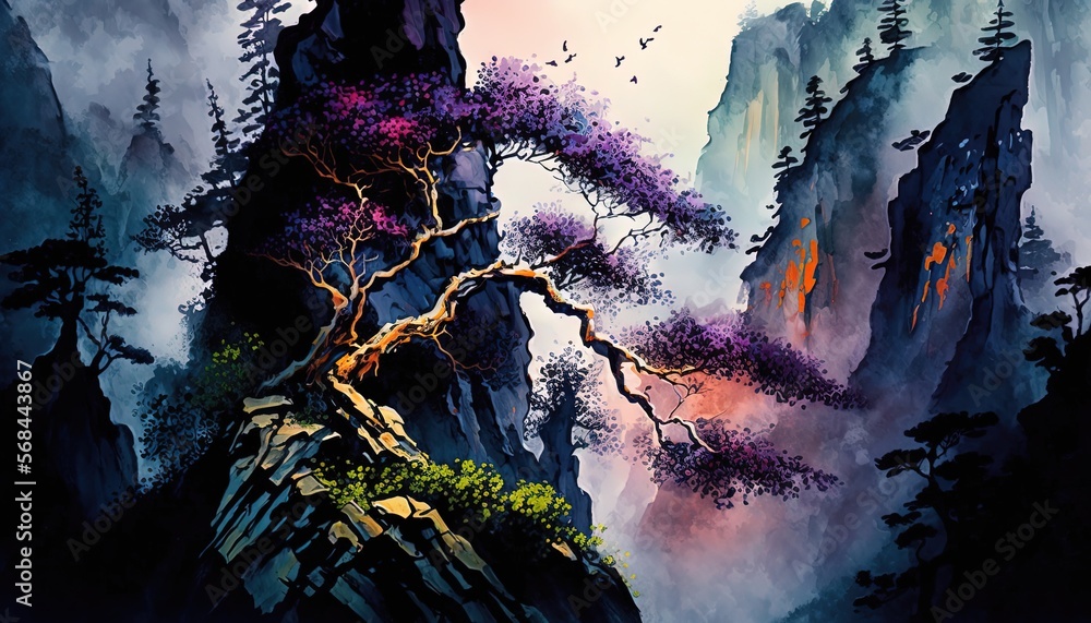 Canvas Prints paint like illustration of mountain cliff with pine tree, generative ai