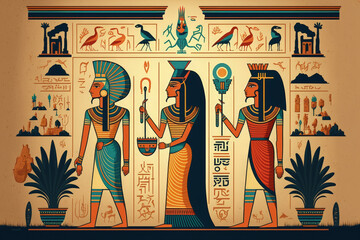 Ancient Egyptian wall art and hieroglyphs in Egypt's Hatshepsut Mortuary Temple in Luxor. Generative AI - obrazy, fototapety, plakaty