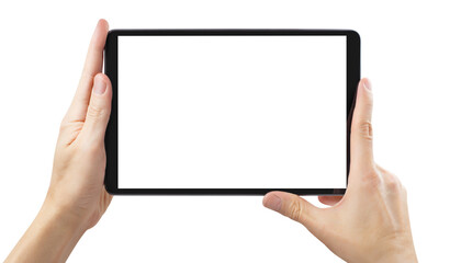 Hands with black tablet computer cut out