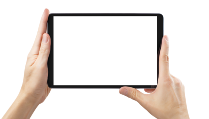 Hands with black tablet computer cut out