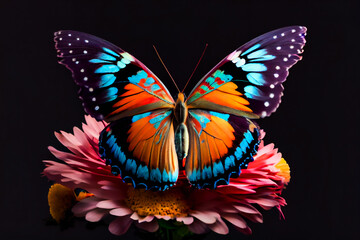 Beautiful butterfly on a flower on a black background.  Generative AI
