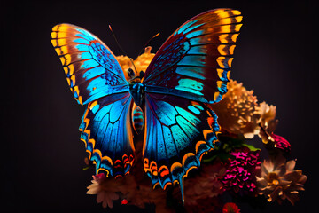 Beautiful butterfly on a flower on a black background.  Generative AI