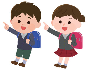 Fototapeta premium ランドセルを背負う元気な小学生の男の子と女の子 イラスト