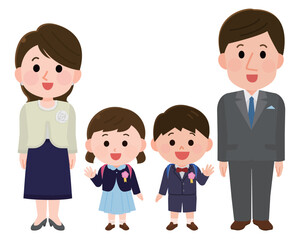 フォーマルな服装で笑顔の家族4人　入学式や卒業式　イラスト