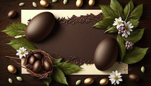 Card illustration for the easter holiday, easter chocolate eggs. Generative AI