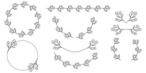 Hand drawn floral frames with flowers, branch and leaves. Vector wreaths, frames and floral elements for design. Set of floral elements. Frames in line art style