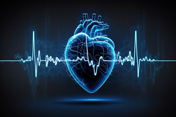 Obraz premium Illustration with heart and heartbeat graphic, blue background. Generative AI