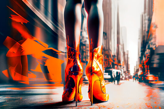 Beautiful woman legs in high heel shoes on the road. Close up photo of woman's legs in high heels.  Generative AI.