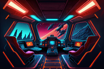 Interior of a dark spaceship with blazing red and blue lights. futuristic spacecraft with a huge window and control consoles for viewing planets in space. Generative AI